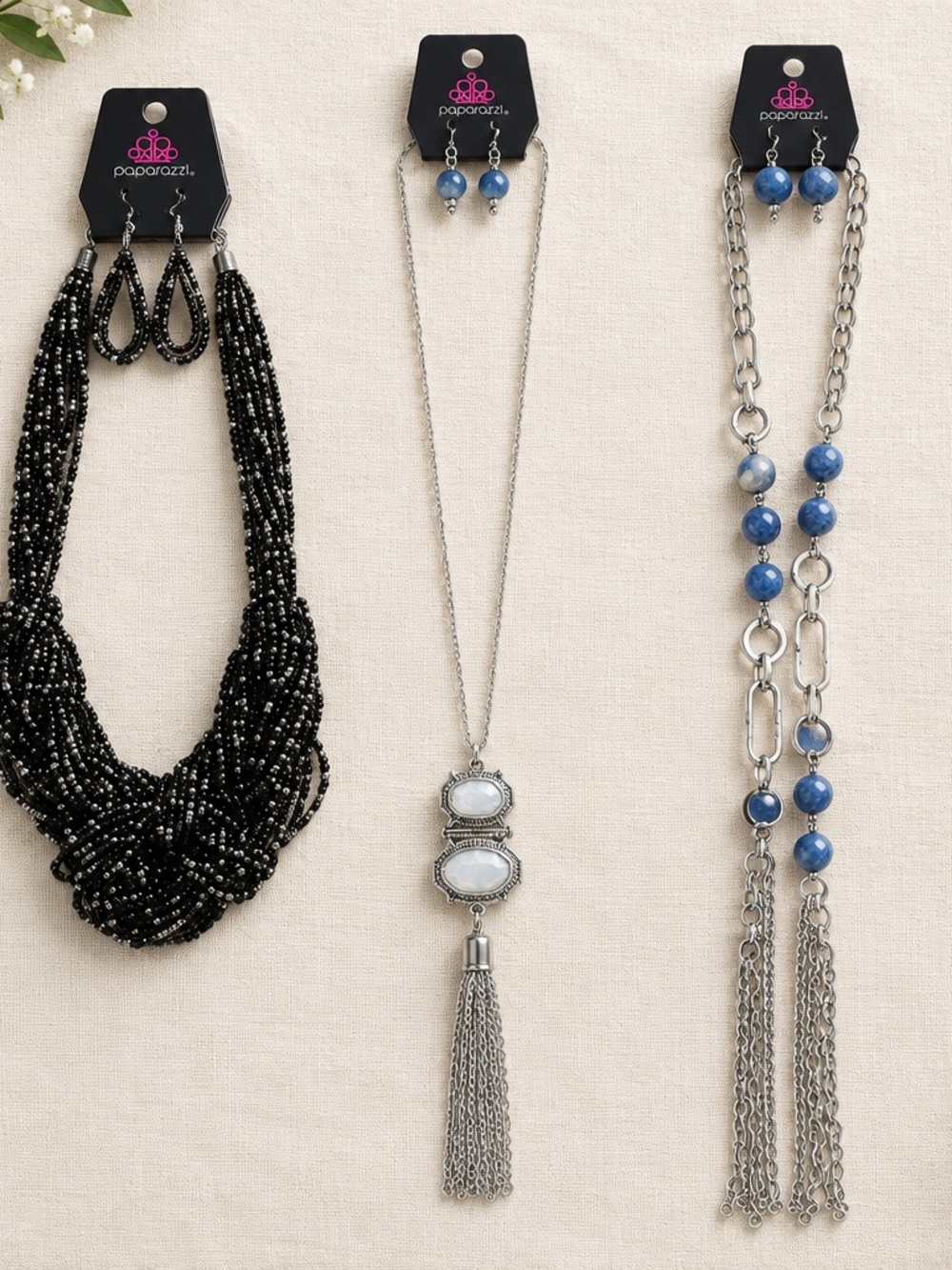 Paparazzi Long Silver Tassel Necklace with Blue Stone Accent - 3 necklaces